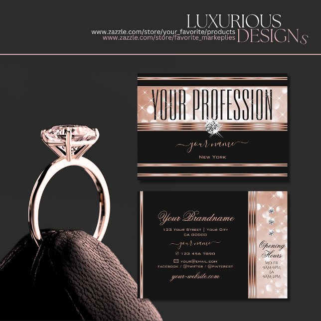 Luxury Black Rose Gold Luminous Glitter Diamonds Business Card (Creator Uploaded)