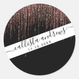 Luxury Black Rose Gold Sparkly Glitter Fringe Classic Round Sticker