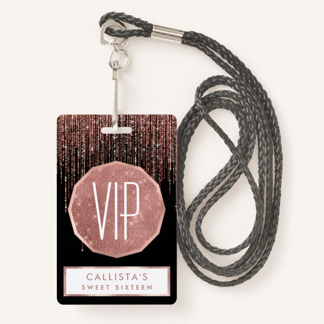 Luxury Black Rose Gold Sparkly Glitter Fringe ID Badge (Front with Lanyard)