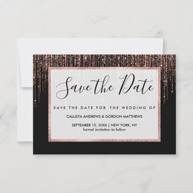 Luxury Black Rose Gold Sparkly Glitter Fringe Save The Date (Front)