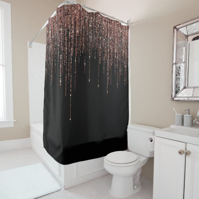 Luxury Black Rose Gold Sparkly Glitter Fringe Shower Curtain (In Situ)