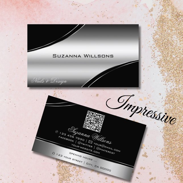 Luxury Black Silver Curved Decor Lines and QR Code Business Card (Creator Uploaded)