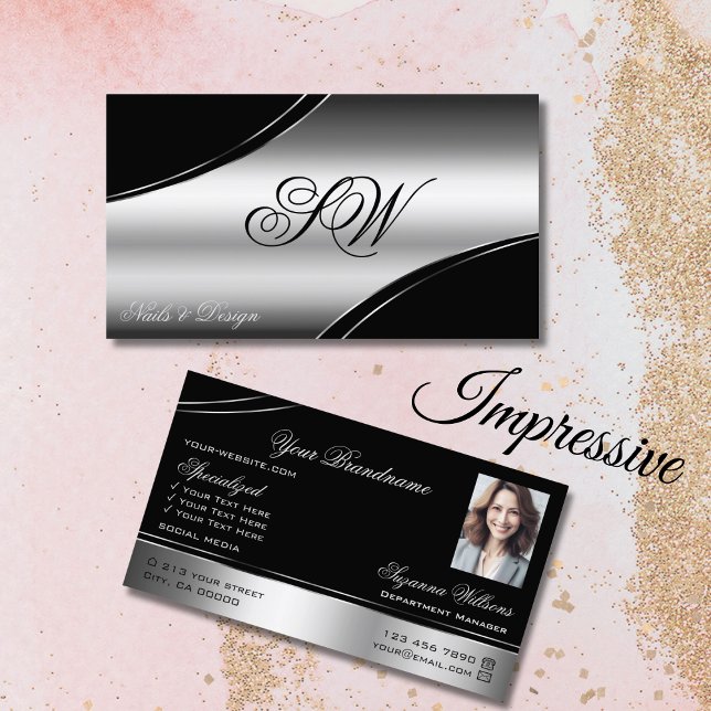 Luxury Black Silver Curved Lines Monogram Photo Business Card (Creator Uploaded)