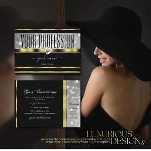 Luxury Black Silver Glitter Diamonds Gold Border Business Card