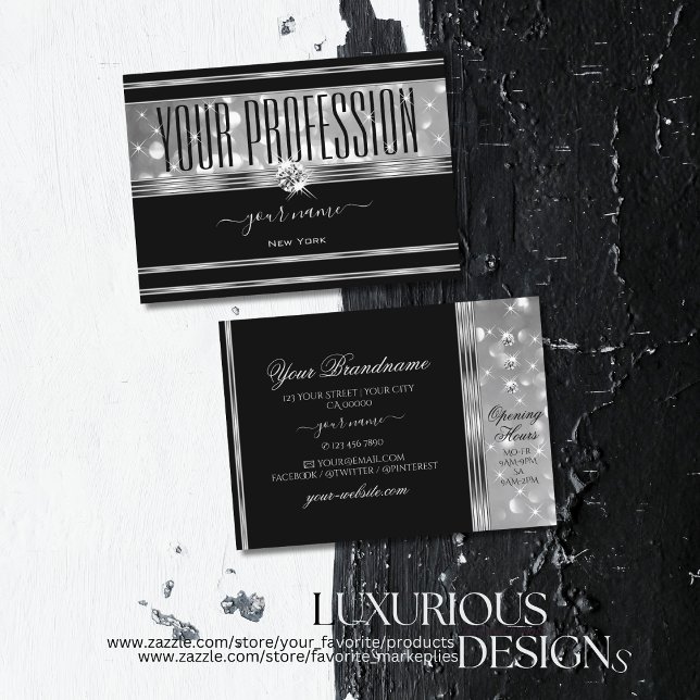 Luxury Black Silver Glitter Sparkle Stars Diamonds Business Card (Creator Uploaded)
