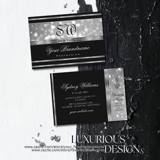 Luxury Black Silver Glitter Sparkle Stars Monogram Business Card (Creator Uploaded)