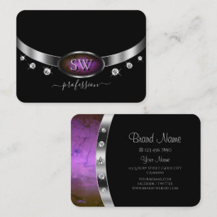 Luxury Black Silver Purple Marble Monogram Diamond Business Card