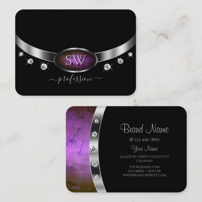 Luxury Black Silver Purple Marble Monogram Diamond Business Card (Front/Back)
