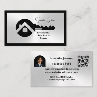 Luxury Black & Silver QR Code Photo Real Estate  Business Card