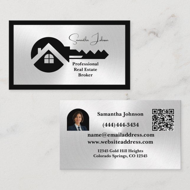 Luxury Black & Silver QR Code Photo Real Estate  Business Card (Front/Back)