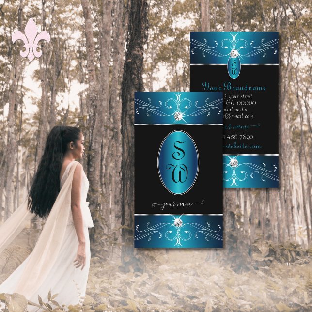 Luxury Black Teal Blue Ornate Ornaments Initials Business Card (Creator Uploaded)