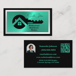 Luxury Black & Turquoise QR Code Photo Real Estate Business Card