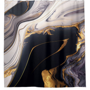 Luxury Black White and Gold Fluid Marble Agate Shower Curtain