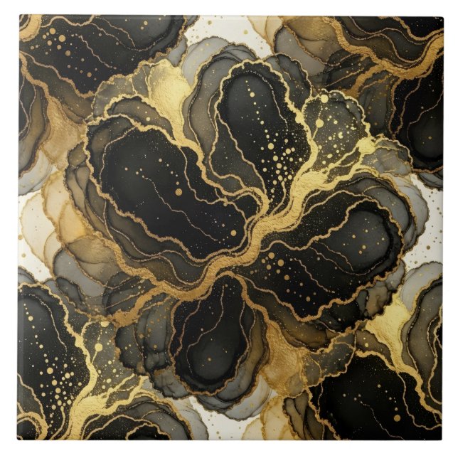 Luxury Black, White and Gold Marble Alcohol Ink Tile (Front)