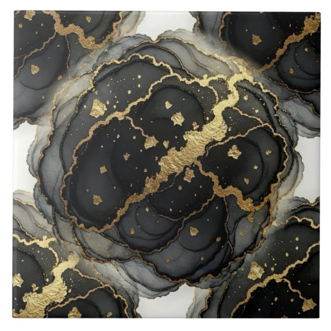 Luxury Black, White and Gold Marble Alcohol Ink Tile (Front)