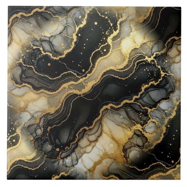 Luxury Black, White and Gold Marble Alcohol Ink Tile (Front)