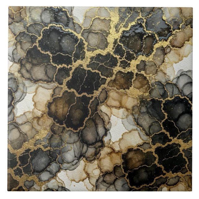 Luxury Black, White and Gold Marble Alcohol Ink Tile (Front)