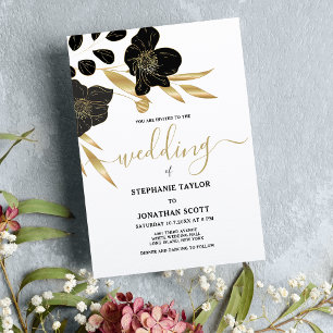 Luxury black white gold floral elegant wedding  invitation