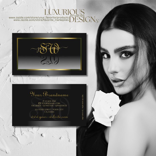 Luxury Black White Gradient Gold Frame Initials Business Card (Creator Uploaded)