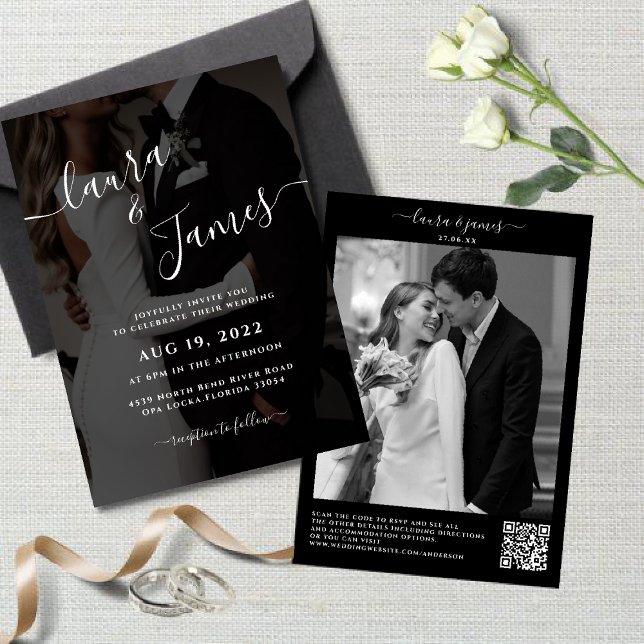Luxury Black & White Photo QR Code Classy Wedding Invitation (Creator Uploaded)