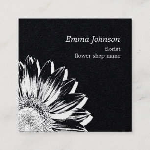 Luxury Black White Sunflower Minimalist Florist Square Business Card
