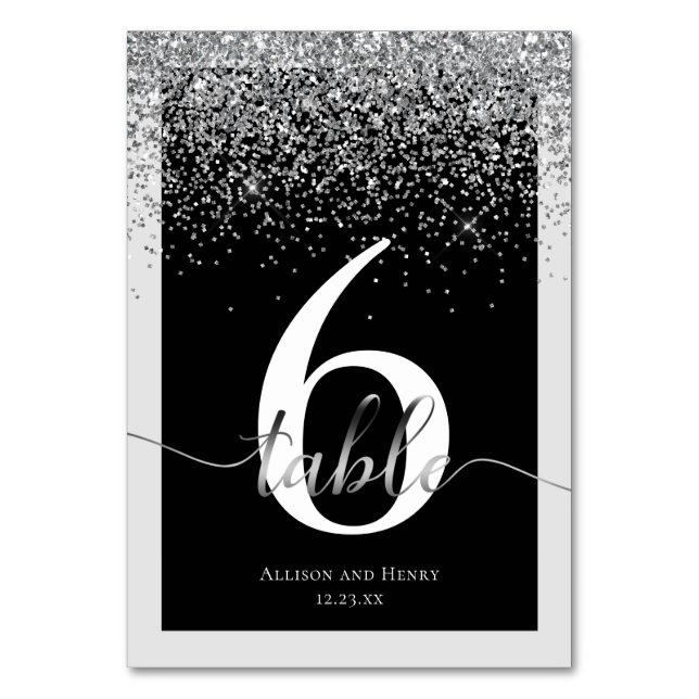 Luxury Black White Typography Glitter Wedding Table Number (Front)