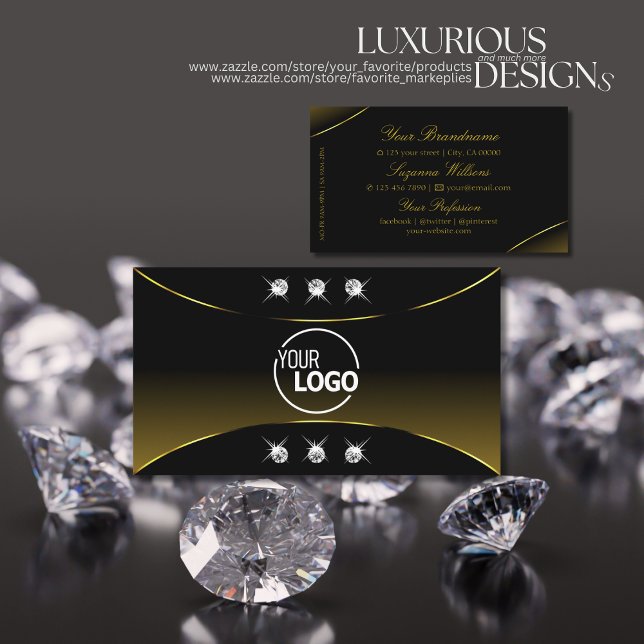Luxury Black with Gold Decor Diamonds and Logo Business Card (Creator Uploaded)