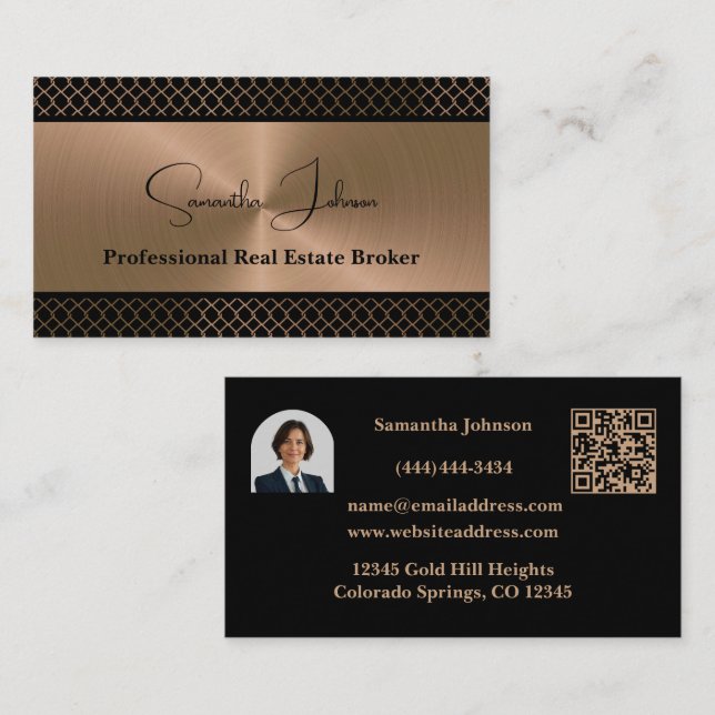 Luxury Blk Copper QR Code Real Estate  Business Card (Front/Back)