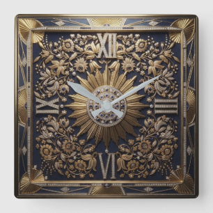 Luxury Blue and Gold Art Deco Bejeweled Floral Square Wall Clock
