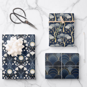 Luxury Blue and Gold Art Deco Pattern Wrapping Paper Sheet