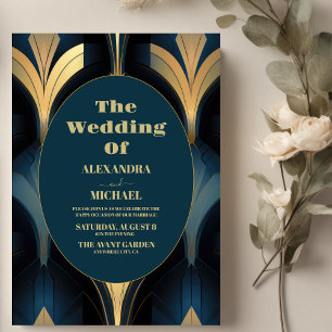Luxury Blue and Gold Art Deco Wedding  Invitation