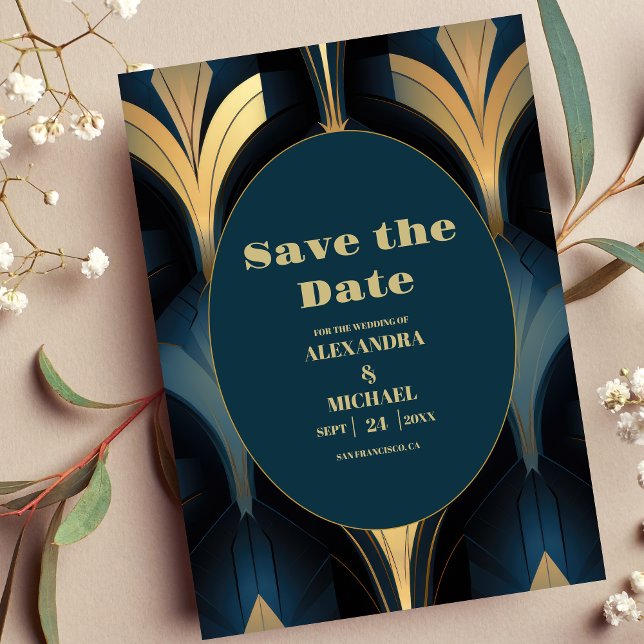 Luxury Blue and Gold Art Deco Wedding  Save The Date (Creator Uploaded)
