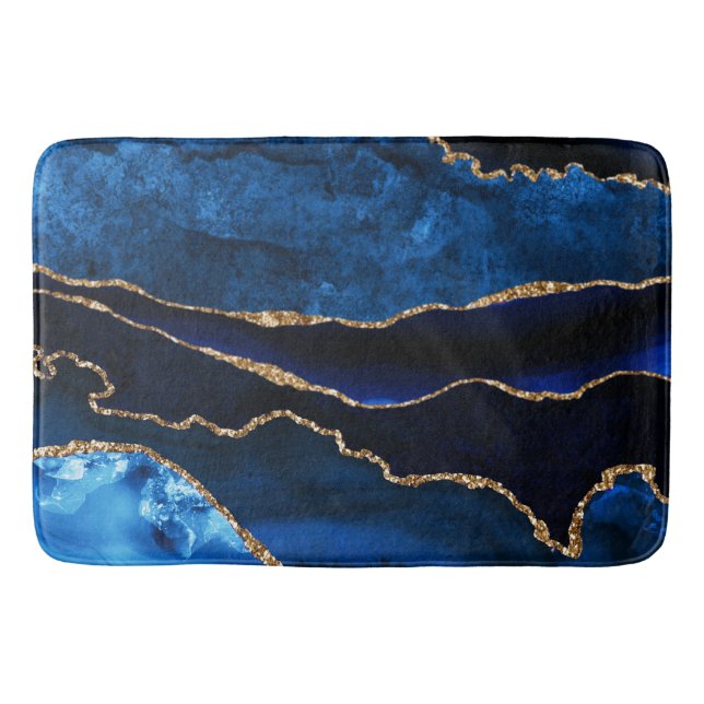 Luxury Blue and Gold Glitter Agate Bath Mat (Front)