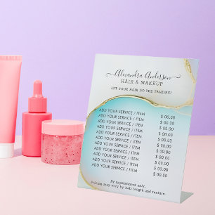 Luxury Blue and White Gold Accents Agate Marble Pedestal Sign