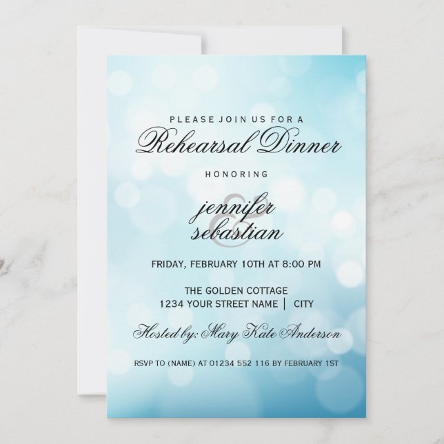 Luxury Blue Bokeh Light Chic Rehearsal Dinner Invitation (Front)
