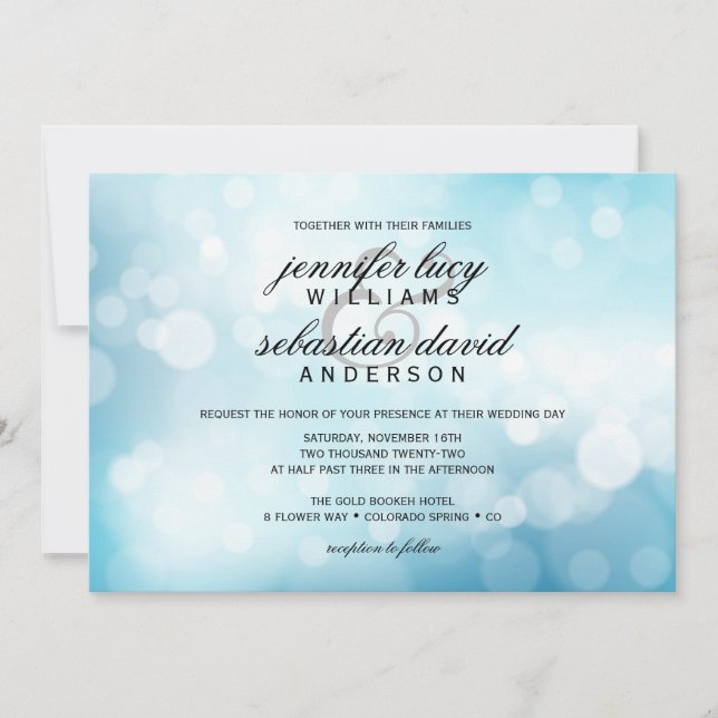 Luxury Blue Bokeh Light Chic Wedding Invitation (Front)