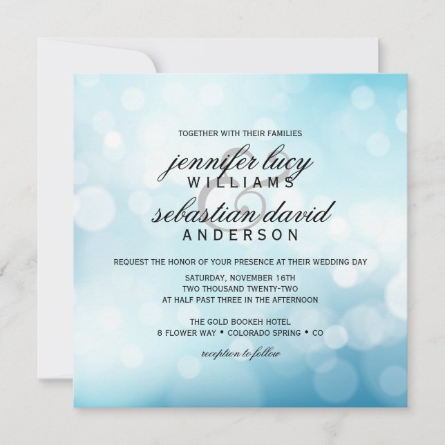 Luxury Blue Bokeh Light Chic Wedding Invitation (Front)