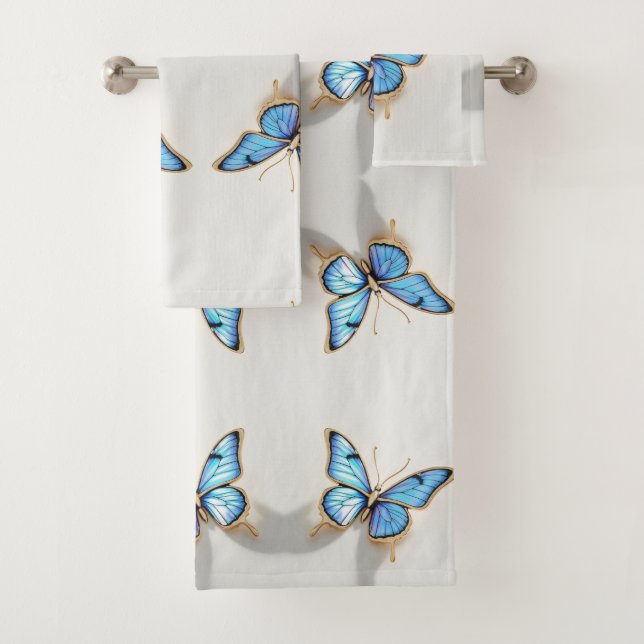 Luxury Blue Butterfly Design Bath Towel Set (Insitu)