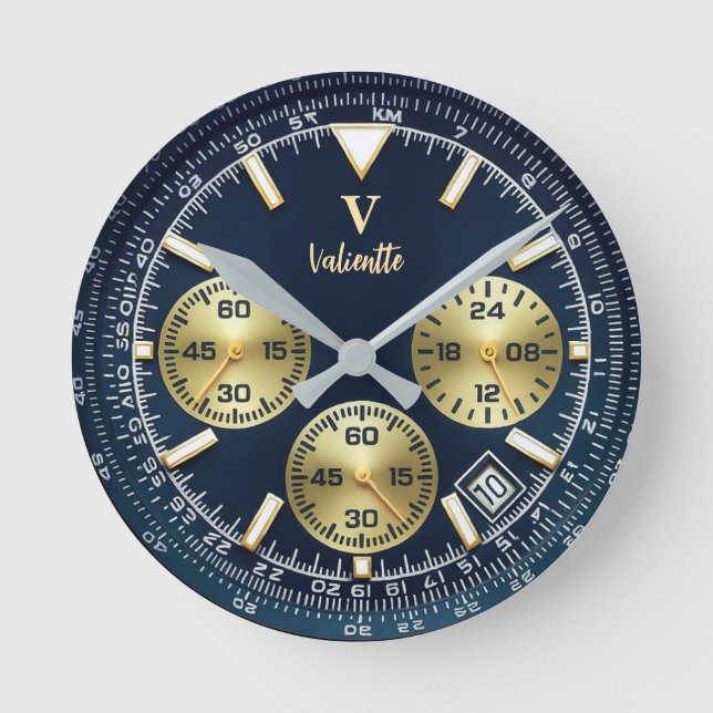 Luxury Blue Chronograph elegant custom name Round Clock (Front)