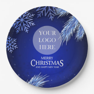 Luxury Blue Company Christmas Logo Paper Plate
