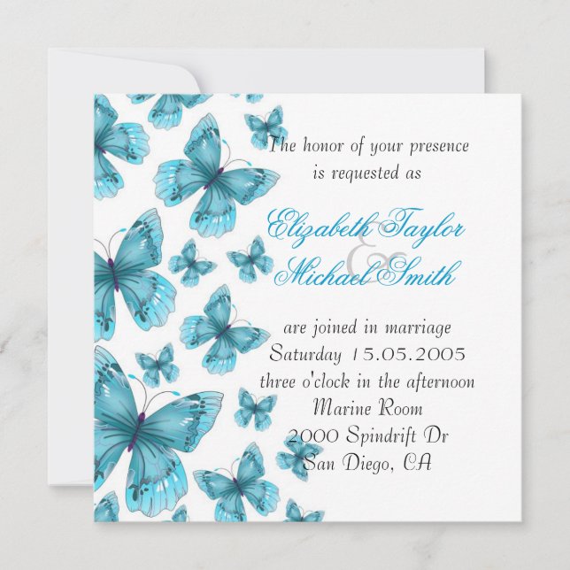 Luxury Blue Elegant Butterfly Wedding Invite (Front)