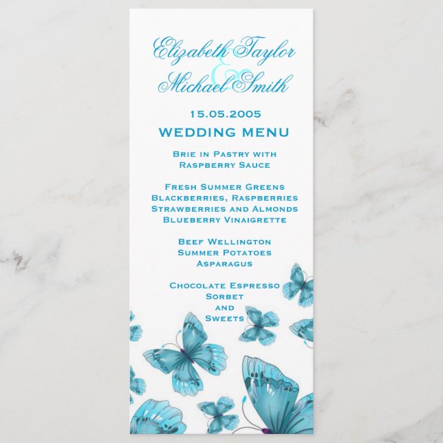 Luxury Blue Elegant Butterfly Wedding Menu (Front)