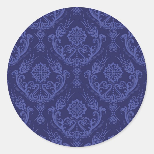 Luxury blue floral damask wallpaper classic round sticker (Front)
