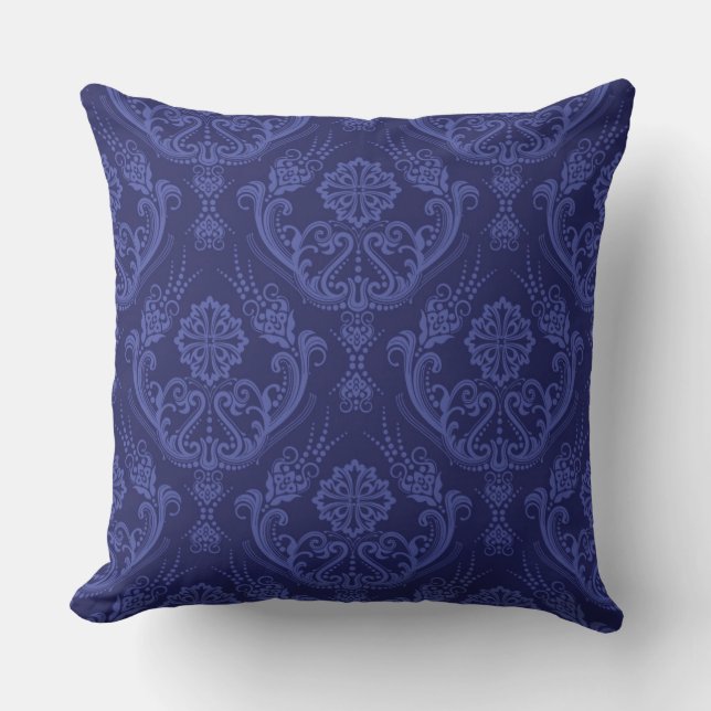 Luxury blue floral damask wallpaper cushion (Front)