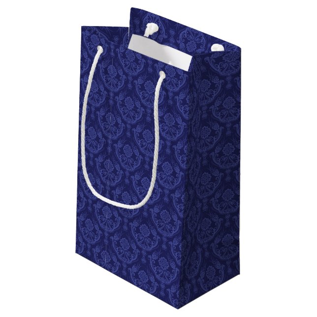 Luxury blue floral damask wallpaper small gift bag (Back Angled)