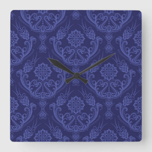 Luxury blue floral damask wallpaper square wall clock
