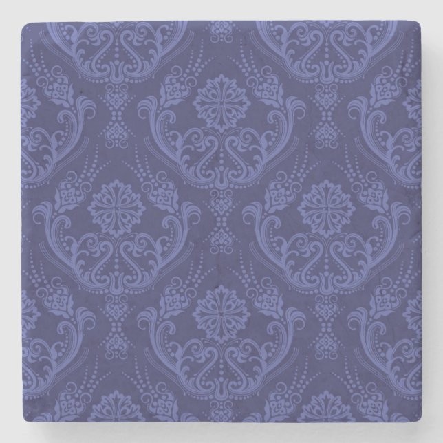 Luxury blue floral damask wallpaper stone coaster (Front)