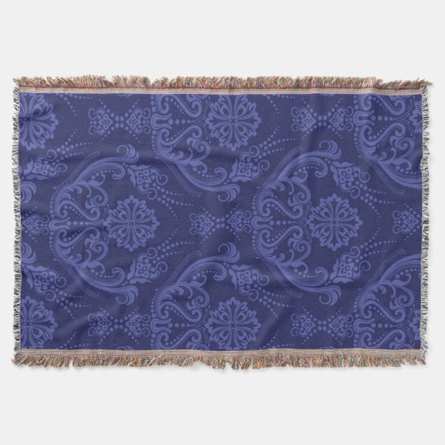 Luxury blue floral damask wallpaper throw blanket (Front)