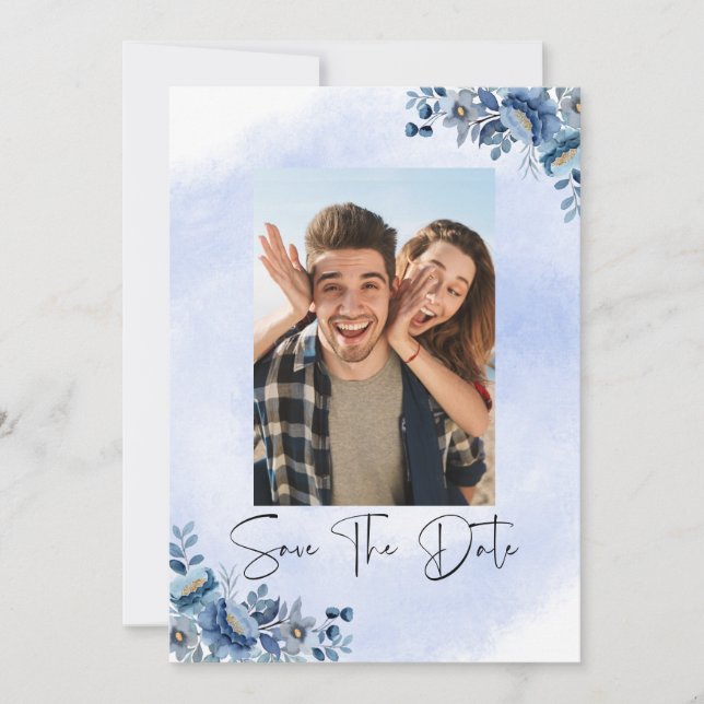 Luxury Blue Floral Wedding Save the Date Invitation (Front)