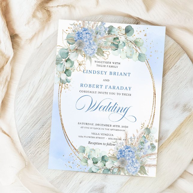 Luxury Blue Floral Wheat Gold Oval Wedding Invites (Luxury Blue Floral Wheat Gold Oval Wedding Invitation)